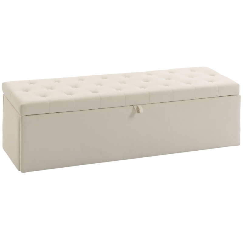 HOMCOM Storage Ottoman, Upholstered Velvet End of Bed Bench, Button Tufted Storage Bench for Bedroom, Living Room, Beige