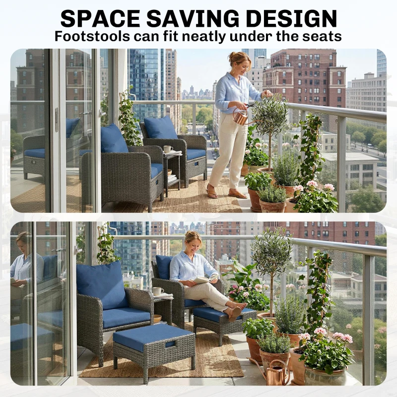 Outsunny 5 Piece Patio Furniture Set, Wicker Outdoor Furniture Set, 23.6" Seat, Ottomans, Glass Table, Cushions, Navy Blue