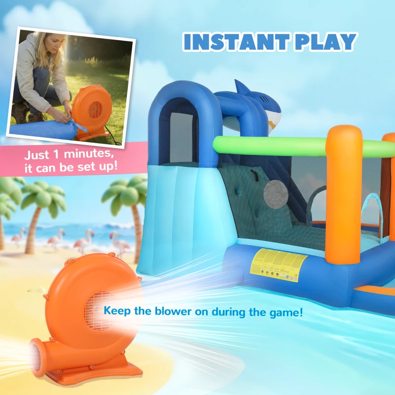 Qaba Inflatable Bounce House for Kids, Sharks Theme Jumping Bouncy Castle with Slide and Pool for Indoor Outdoor, Blue