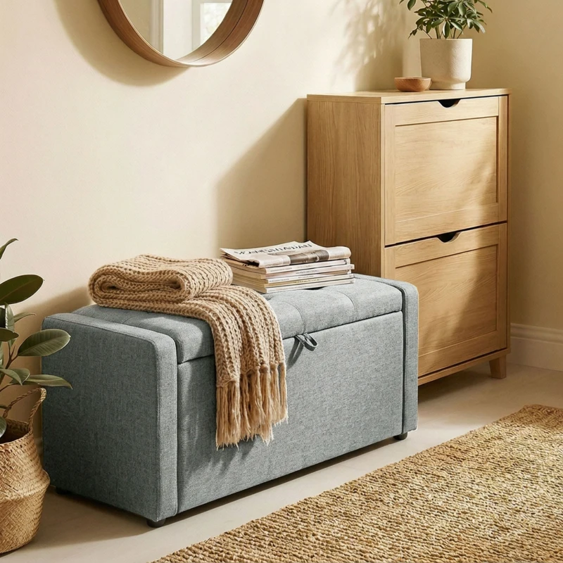 HOMCOM Storage Ottoman Bench, Linen-Look Fabric Upholstered Ottoman with Storage, Wide Padded Seat, Light Grey