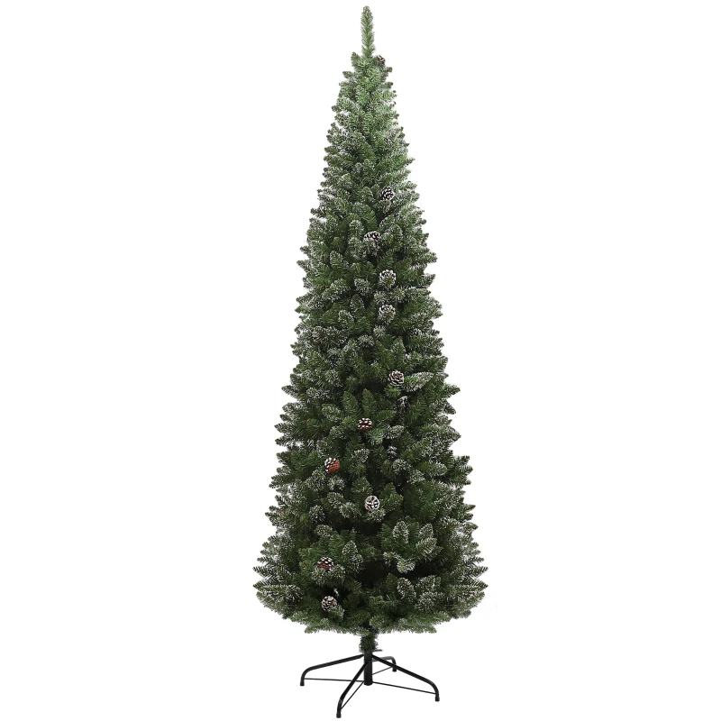 HOMCOM 7.5ft Artificial Pencil Christmas Tree with 980 Branches, Pinecones, Metal Stand, Realistic Xmas Tree for Home