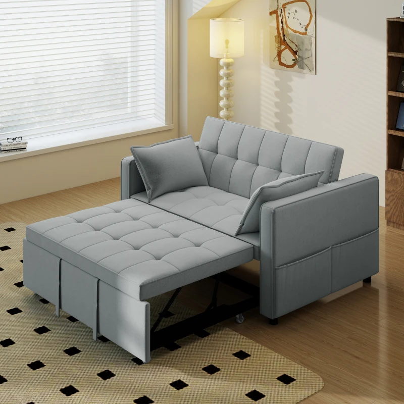 HOMCOM 3‑in‑1 Convertible Sofa Bed, Pull Out Sleeper Sofa with USB Charging, Adjustable Backrest, Side Pockets, Light Grey