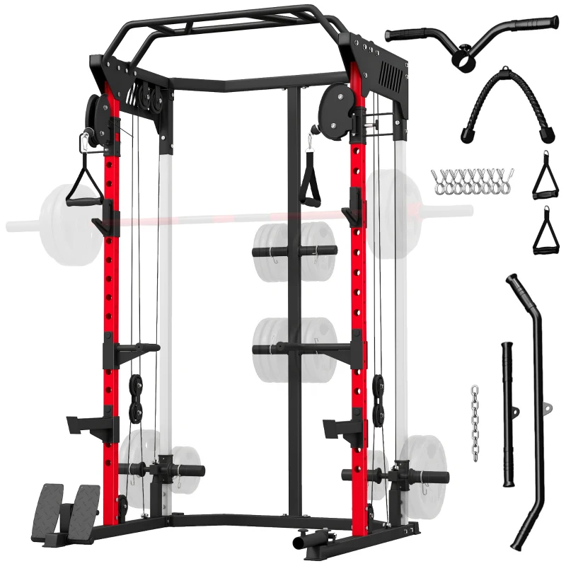 Soozier Power Cage, Power Rack with Adjustable Cable Pulley System, Pull-Up Bar, Dip Station, Landmine