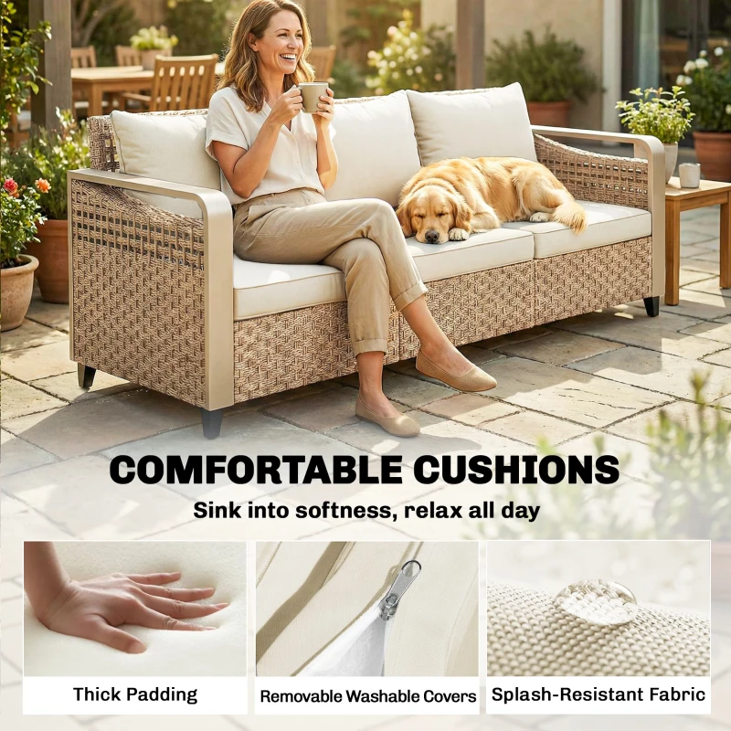 Outsunny Rattan Wicker Sofa 3-Seater Outdoor Patio Sofa with Cushions for Garden Backyard Porch Beige