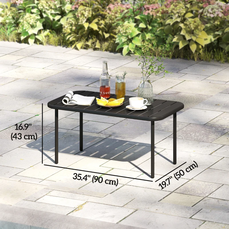Outsunny Outdoor Coffee Table, All-Weather Rectangle Metal Patio Coffee Table with Slatted Tabletop for Outside