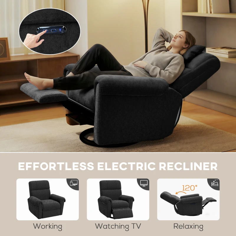 HOMCOM Power Recliner Chair, Fabric Upholstered Recliner Chair with USB Ports, Swivel and Rocking Function, Footrest, Black