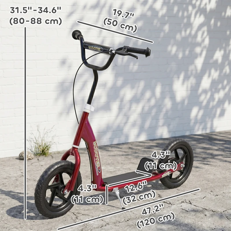 HOMCOM Kids Scooter with 12" EVA Big Tires, Street Bike Bicycle for Teens with Adjustable Height Handle for 5-12 Year Old, Red