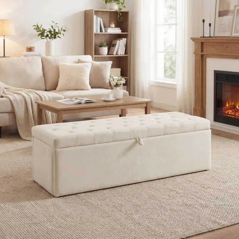 HOMCOM Storage Ottoman, Upholstered Velvet End of Bed Bench, Button Tufted Storage Bench for Bedroom, Living Room, Beige