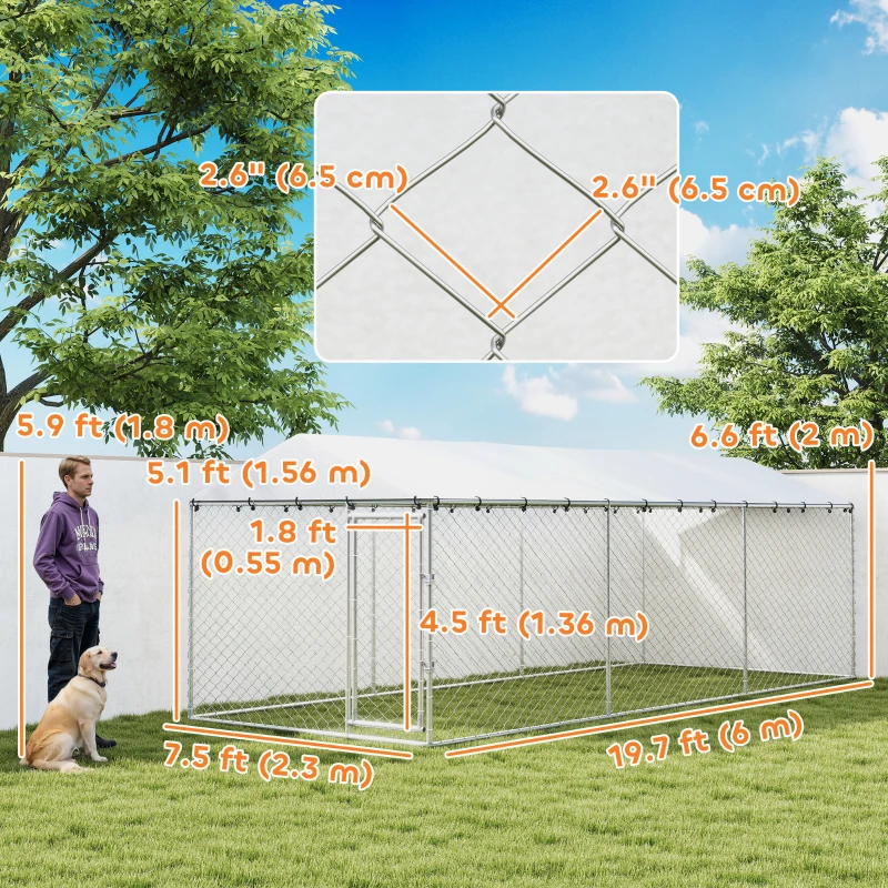 PawHut 19.7' x 7.5' x 6.6' Dog Kennel Outdoor for Small Medium Large Dogs with Waterproof Cover, Silver