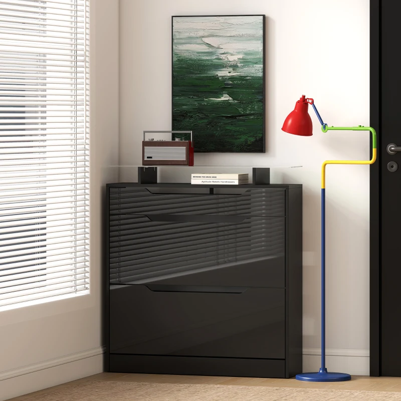 HOMCOM High Gloss Shoe Cabinet with 2 Flip Drawers and Adjustable Shelves, Narrow Shoe Storage Cabinet with Glass Top, Black