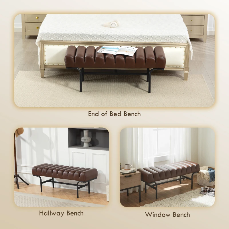 HOMCOM Bedroom Bench PU Leather End of Bed Bench with Cylindrical Seat and Metal Legs for Bedroom Living Room Hallway Brown