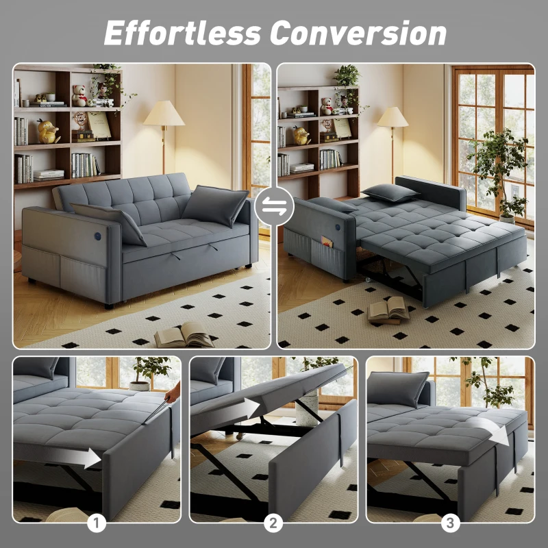 HOMCOM 3‑in‑1 Convertible Sofa Bed, Pull Out Sleeper Sofa with USB Charging, Adjustable Backrest, Side Pockets, Dark Grey