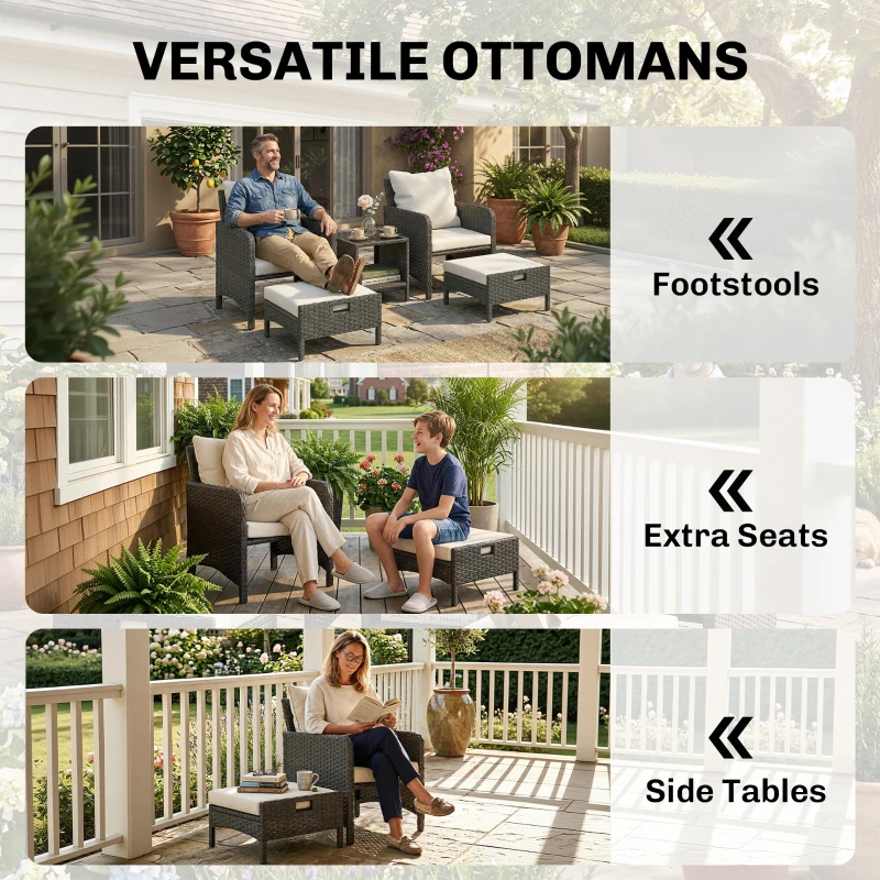 Outsunny 5 Piece Patio Furniture Set, Wicker Outdoor Furniture Set, 23.6" Seat, Ottomans, Glass Table, Cushions, Beige