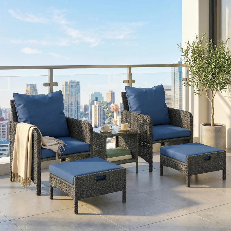 Outsunny 5 Piece Patio Furniture Set, Wicker Outdoor Furniture Set, 23.6" Seat, Ottomans, Glass Table, Cushions, Navy Blue