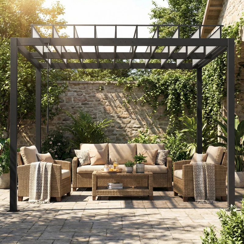 Outsunny 9.5 x 10 ft Louvered Pergola with PC Roof, Aluminium Outdoor Pergola Gazebo with Drainage Gutters, Handle, Clear