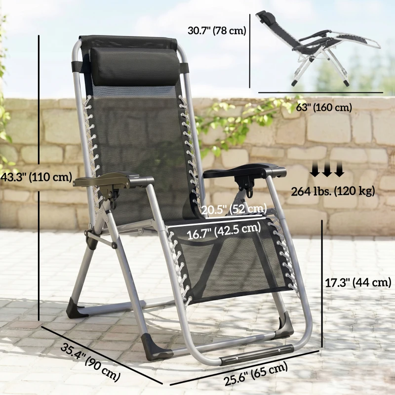 Outsunny Reclining Zero Gravity Chair with Adjustable Backrest, Folding Garden Sun Lounger, Outdoor Recliner with Removable Cushion and Headrest, Dark Grey