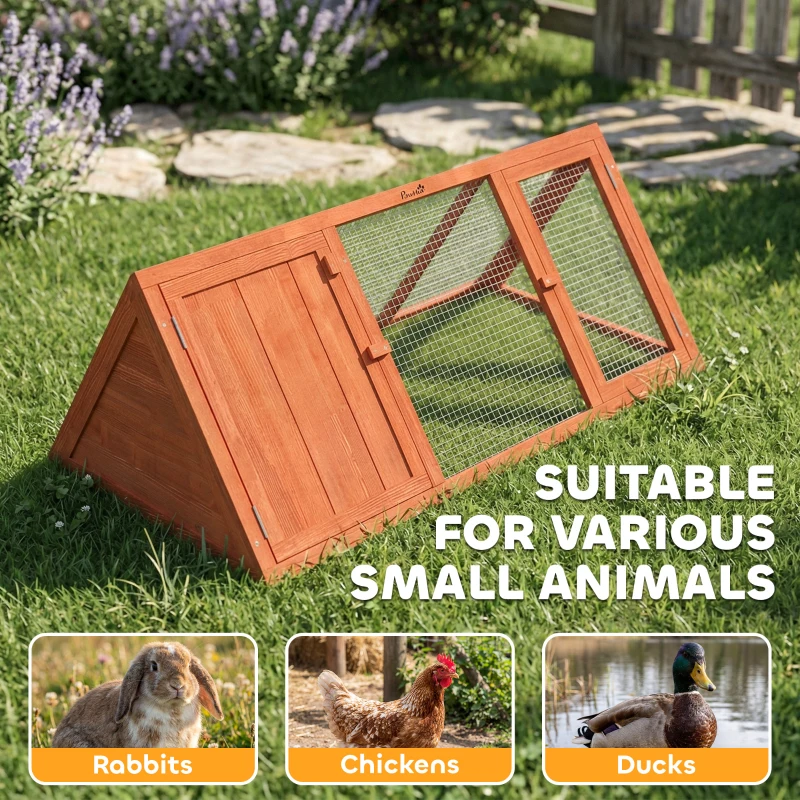 PawHut Rabbit Hutch, Wooden Guinea Pig Hutch with Run and Doors, Outdoor Triangle Bunny House for Rabbits,Duck and Chicken