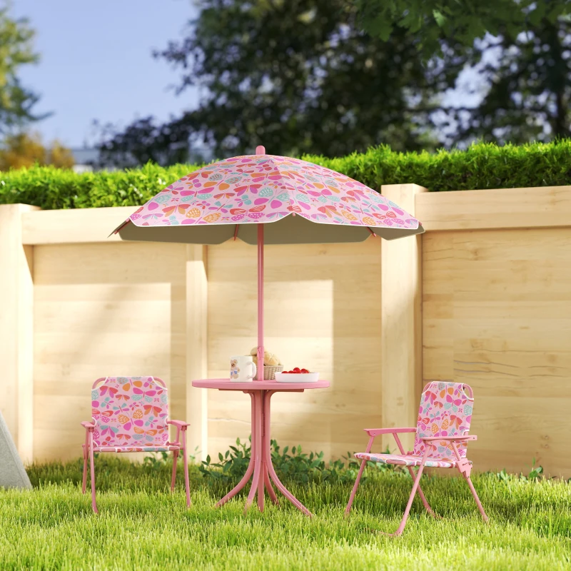 Qaba Kids Picnic Table and Chair Set, Outdoor Table with Foldable Chairs, Removable Umbrella, Pink