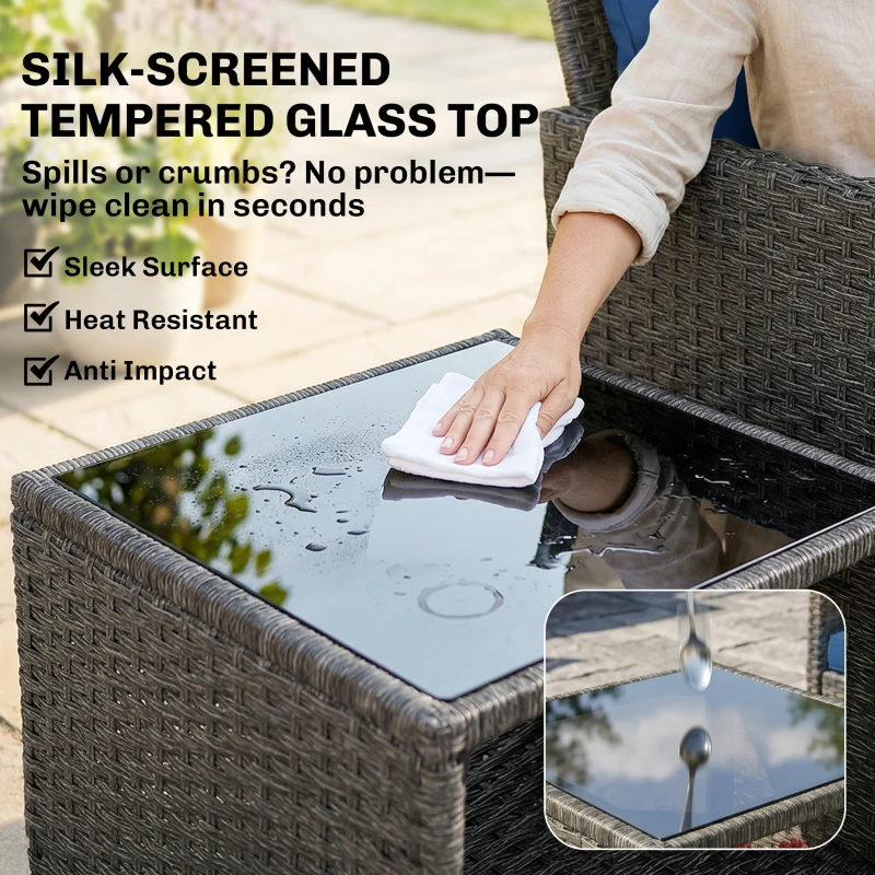 Outsunny 5 Piece Patio Furniture Set, Wicker Outdoor Furniture Set, 23.6" Seat, Ottomans, Glass Table, Cushions, Navy Blue