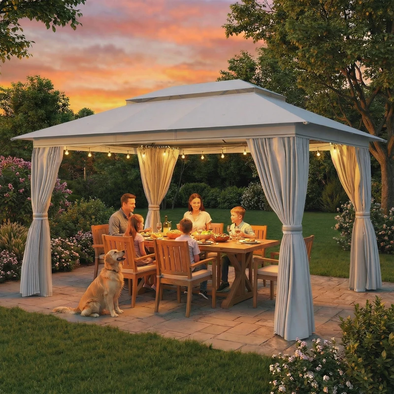 Outsunny 10' x 13' Patio Gazebo, UPF50+ Double Roof Outdoor Gazebo Canopy with Netting and Curtains, Steel Frame, Dark Grey