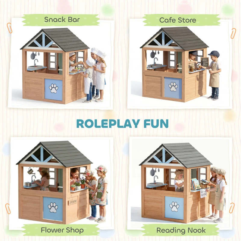 Qaba Kids Outdoor Playhouse, Wooden Cottage Play House with Pet Door, Play Kitchen, Half Door and Windows for Indoor Outdoor