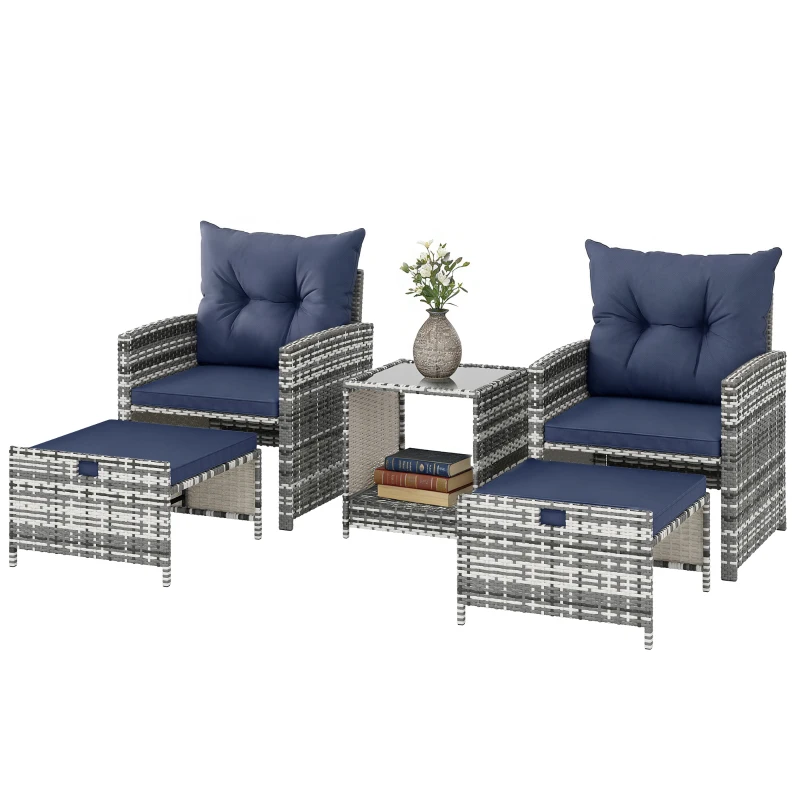 Outsunny 5 Piece Patio Furniture Set, Wicker Patio Chairs with Ottomans, 2-Tier Glass Coffee Table and Cushions, Grey/Dark Blue