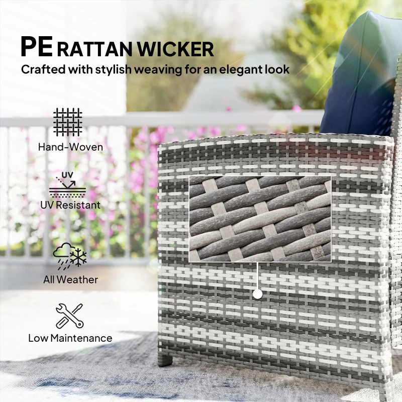 Outsunny 5 Piece Patio Furniture Set, Wicker Patio Chairs with Ottomans, 2-Tier Glass Coffee Table and Cushions, Grey/Dark Blue