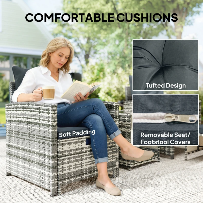 Outsunny 5 Piece Patio Furniture Set, Wicker Patio Chairs with Ottomans, 2-Tier Glass Coffee Table and Cushions, Grey/Dark Grey