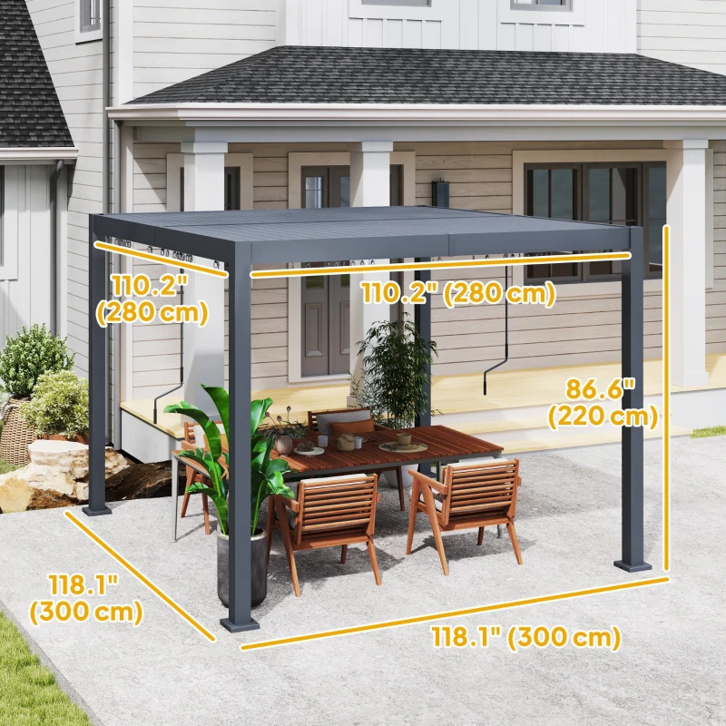 Outsunny 10' x 10' Pergola with Adjustable Metal Roof and Aluminum Frame, Outdoor Louvered Hardtop Gazebo with Drainage System