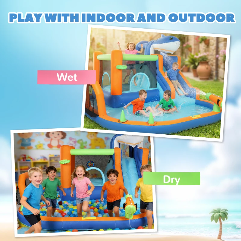 Qaba Inflatable Bounce House for Kids, Sharks Theme Jumping Bouncy Castle with Slide and Pool for Indoor Outdoor, Blue