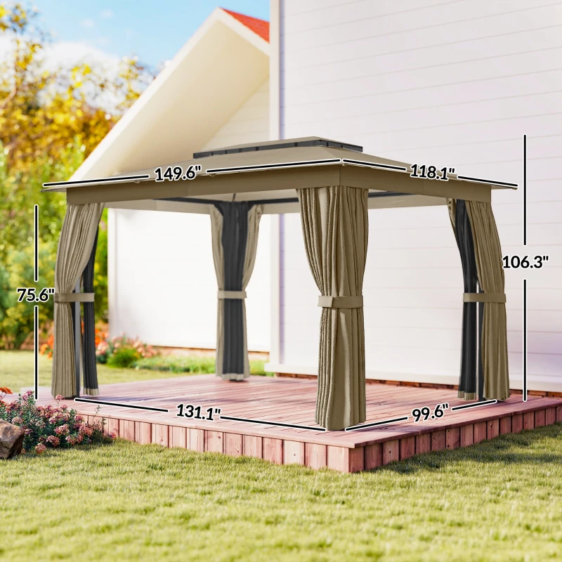 Outsunny 10' x 12' Outdoor Patio Gazebo, Soft Top Gazebo Canopy Shelter with Curtains, Netting, Steel Frame, Hooks, Khaki