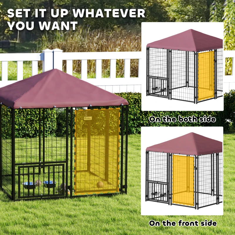 PawHut Welded Wire Outdoor Dog Kennel with 360° Rotating & 4 Levels Adjustable Bowls, Waterproof Cover, 4.6' x 4.6' x 5'