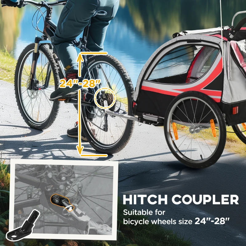 Aosom 2 Seat Bike Trailer for Kids 2-in-1 Double Baby Stroller with Handbrake, Rubber Wheels, 5 Point Harness, Waterproof Cover, Storage Bag, Reflectors, Red