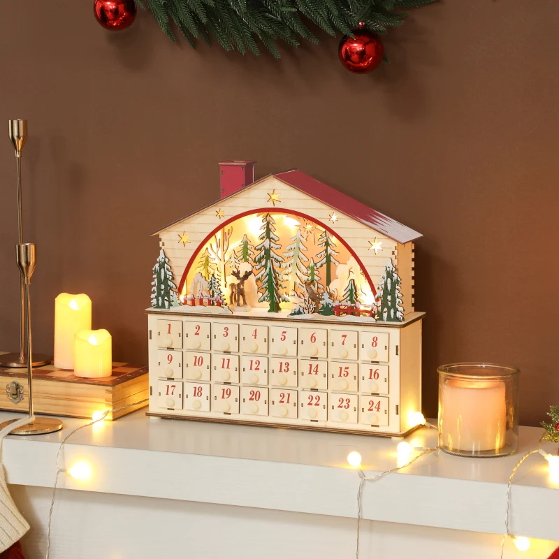 HOMCOM Christmas Advent Calendar with 24 Countdown Drawers and LED Lights, Wooden Advent Calendar House, Battery Operated