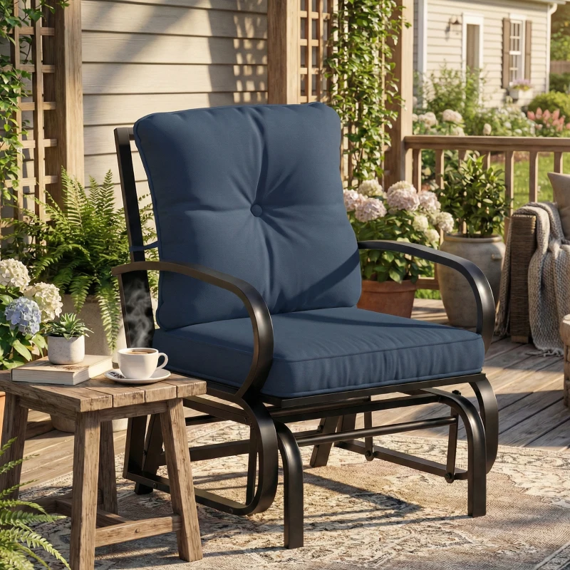Outsunny Patio Glider, Outdoor Glider Chair with Cushions, Steel Frame, Curved Armrests, Dark Blue