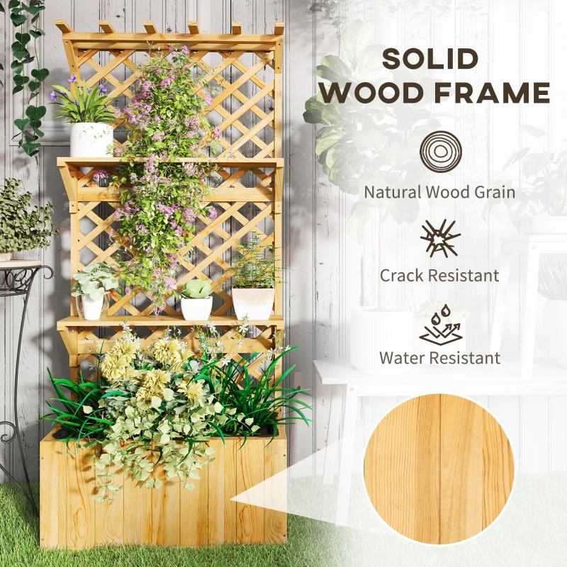 Outsunny Raised Garden Bed, Wooden Planter with Trellis, Hanging Roof, Plant Shelf, Drainage Holes and Bed Liner, Nature Wood