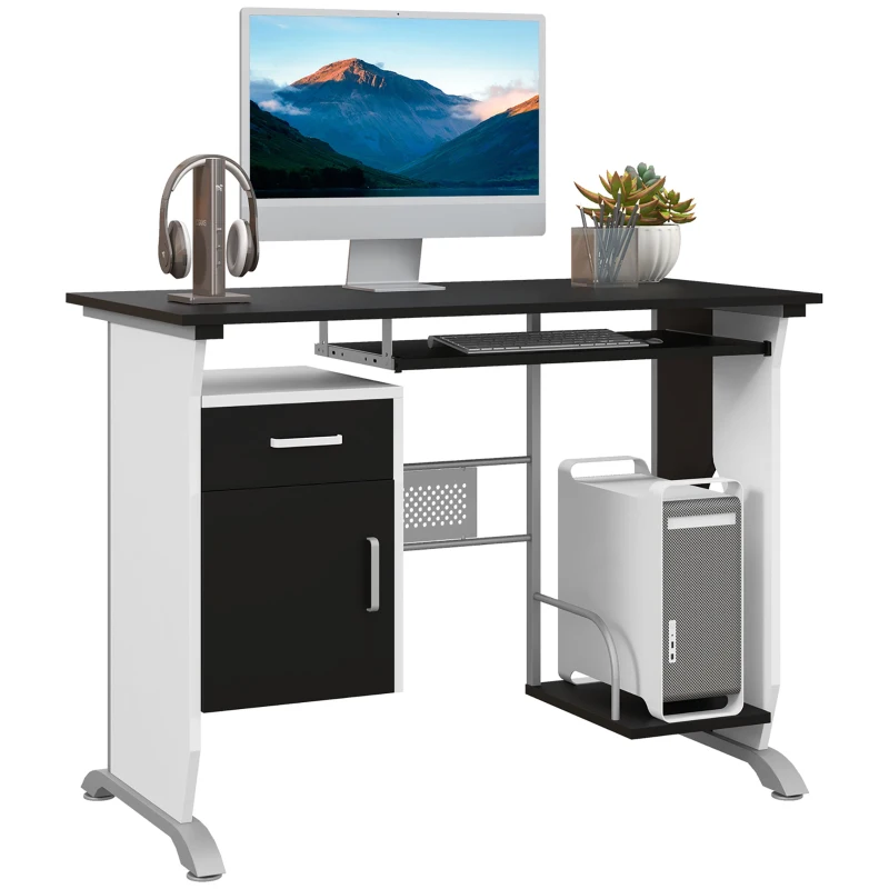 HOMCOM Computer Desk Table Home Office Furniture with Keyboard Tray and CPU Stand, Black and White