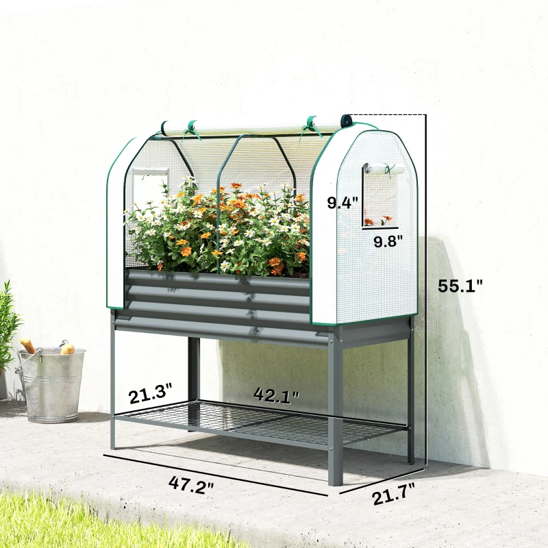 Outsunny Galvanised Raised Garden Bed with Greenhouse Cover, Metal Elevated Garden Bed with Bed Liner, Bottom Shelf, Dark Gray