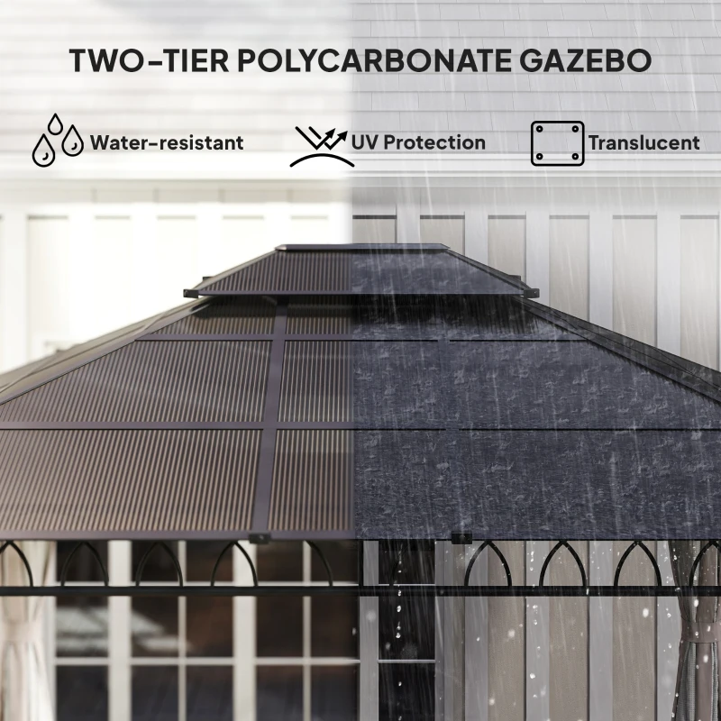 Outsunny 10' x 12' Outdoor Gazebo Canopy, Double Roof Hardtop Gazebo with Polycarbonate Roof, Steel Frame, Nettings and Curtains