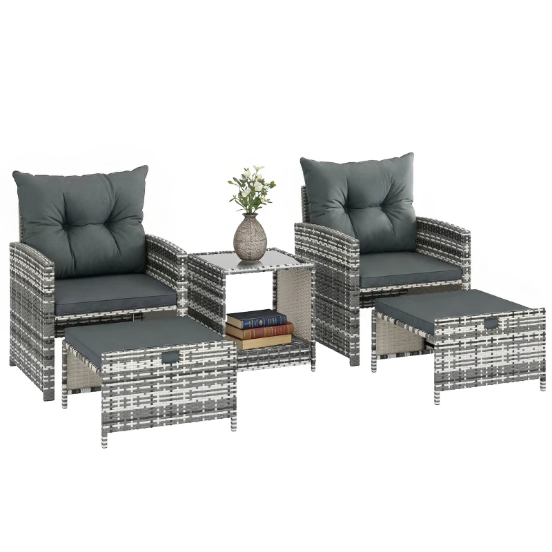 Outsunny 5 Piece Patio Furniture Set, Wicker Patio Chairs with Ottomans, 2-Tier Glass Coffee Table and Cushions, Grey/Dark Grey