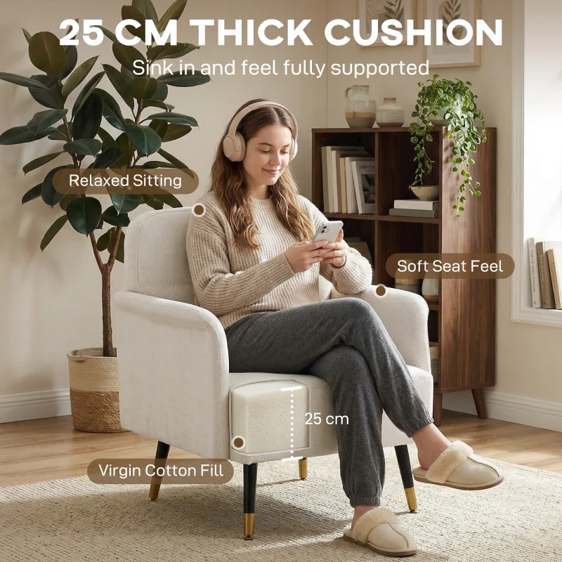 HOMCOM Accent Chair Modern Tufted with Metal Legs Upholstered Reading Armchair for Living Room Cream White