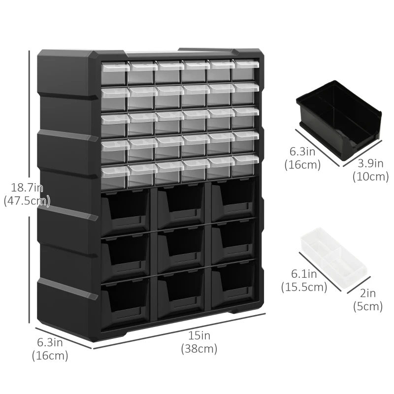 DURHAND Plastic 39 Drawer Parts Organiser Wall Mount Storage Cabinet for Small Nuts Bolts Tool Set of 2 Black