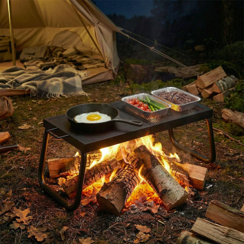 Outsunny Folding Campfire Grill, Heavy Duty Steel Mesh Grate, Portable Camping Grate with Carry Bag, Black
