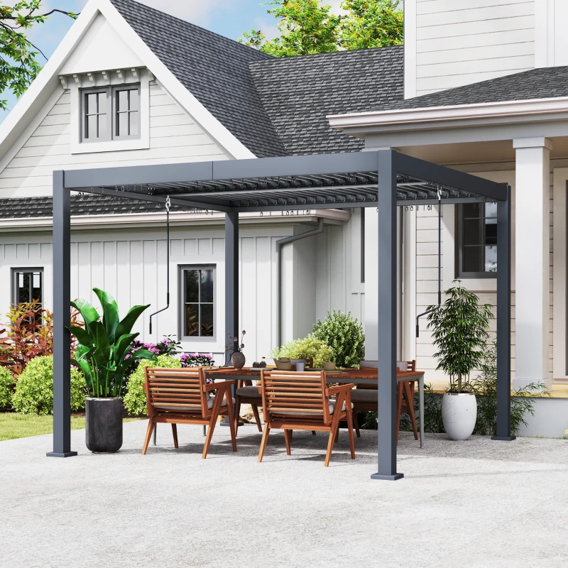 Outsunny 10' x 10' Pergola with Adjustable Metal Roof and Aluminum Frame, Outdoor Louvered Hardtop Gazebo with Drainage System