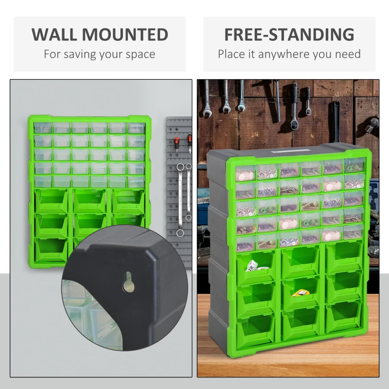 DURHAND Plastic 39 Drawer Parts Organiser Wall Mount Storage Cabinet for Small Nuts Bolts Tool Set of 2 Green