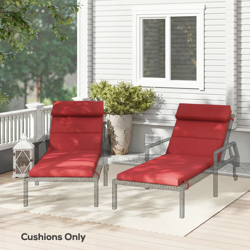 Outsunny Patio Chaise Lounge Chair Cushions Replacement Sun Lounger Pads with Headrest and Ties, Set of 2, Wine Red
