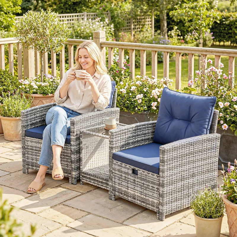 Outsunny 5 Piece Patio Furniture Set, Wicker Patio Chairs with Ottomans, 2-Tier Glass Coffee Table and Cushions, Grey/Dark Blue