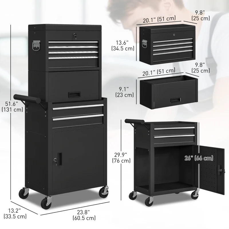 HOMCOM Large Tool Cabinet, 3-in-1 Rolling Tool Chest, Detachable Tool Storage Organizer with 6 Drawers and Pegboard, Black