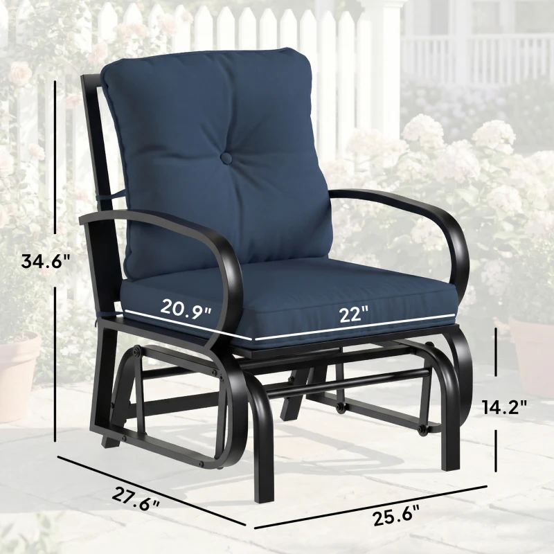 Outsunny Patio Glider, Outdoor Glider Chair with Cushions, Steel Frame, Curved Armrests, Dark Blue