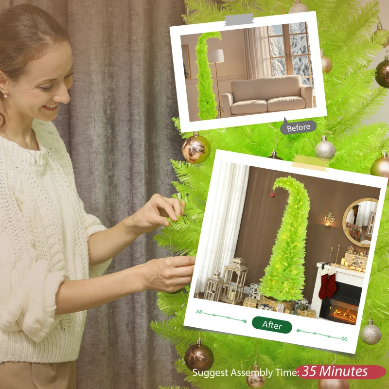 HOMCOM 7 ft Whimsical Christmas Tree, Pencil Xmas Tree with Red Ball, Metal Base, Prelit with 250 LED Lights